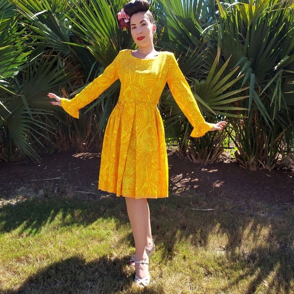 Vtg 60s Hawaiian VLV Novelty Abstract Palm Leaves Print GROOVY Day Dress Sz S/M - Picture 3 of 7